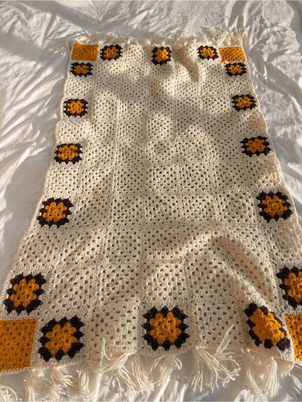 Handmade Crochet Granny Square Throw Blanket Cream Mustard Brown Fringe 32x55